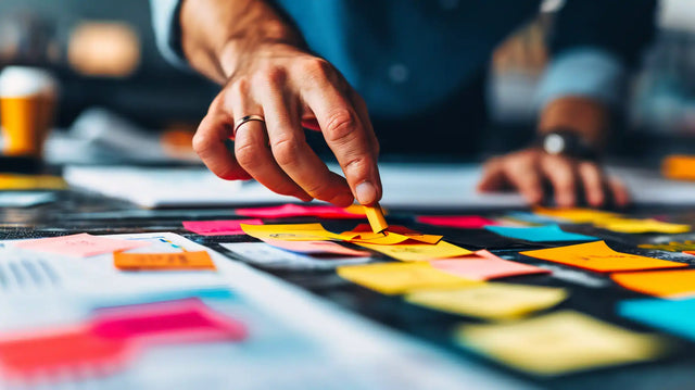 Hand placing or arranging colorful sticky notes on a surface.