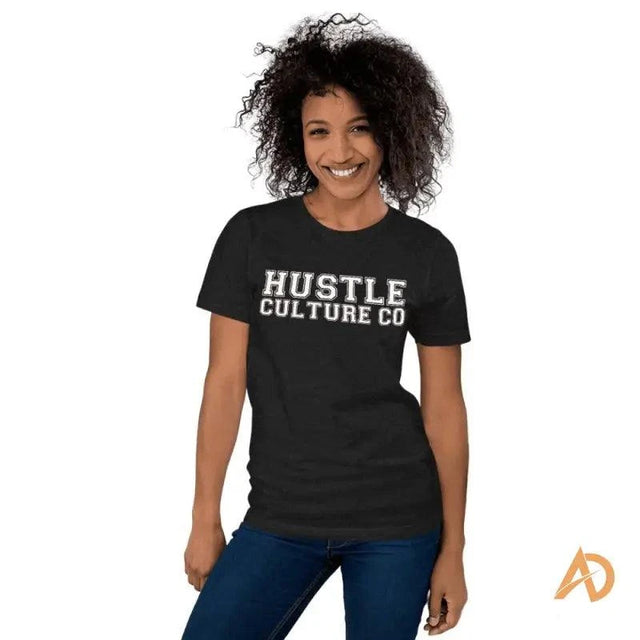 Woman in black Hustle Culture varsity shirt made from ring-spun cotton