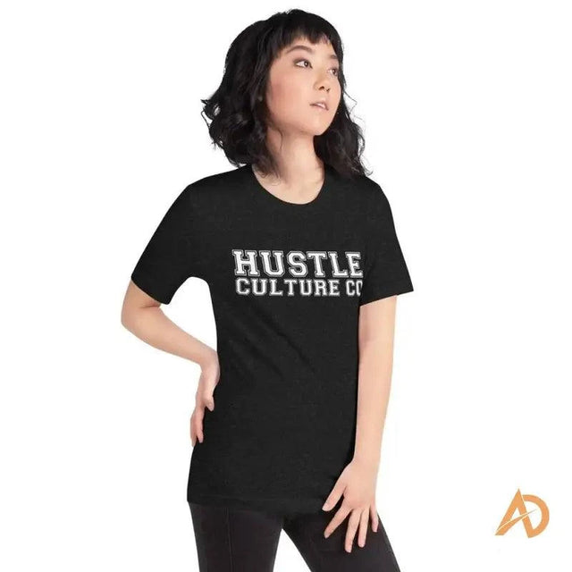 Woman in black Hustle Culture Varsity T-shirt made of ring-spun cotton