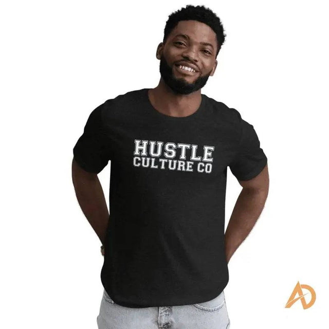 Man showcasing Hustle Culture Varsity T-shirt in black ring-spun cotton