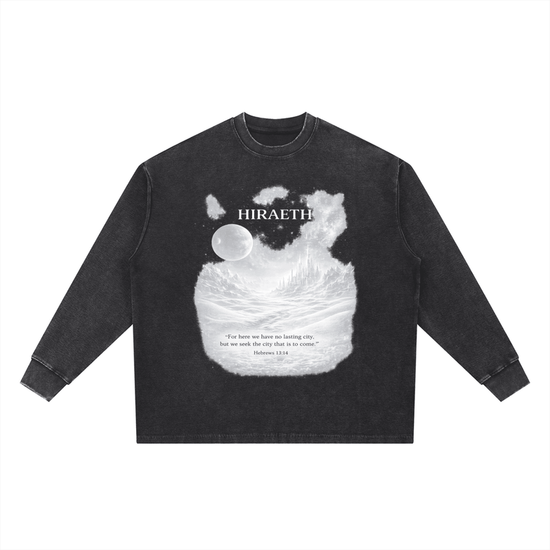 Front view of the HIRAETH Waffle Oversized T-Shirt, a textured long sleeve Christian streetwear piece by Avodah Dynamics.