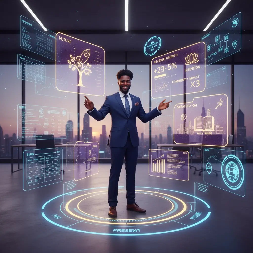 Futuristic holographic business suit with neon accents for strategic reflection