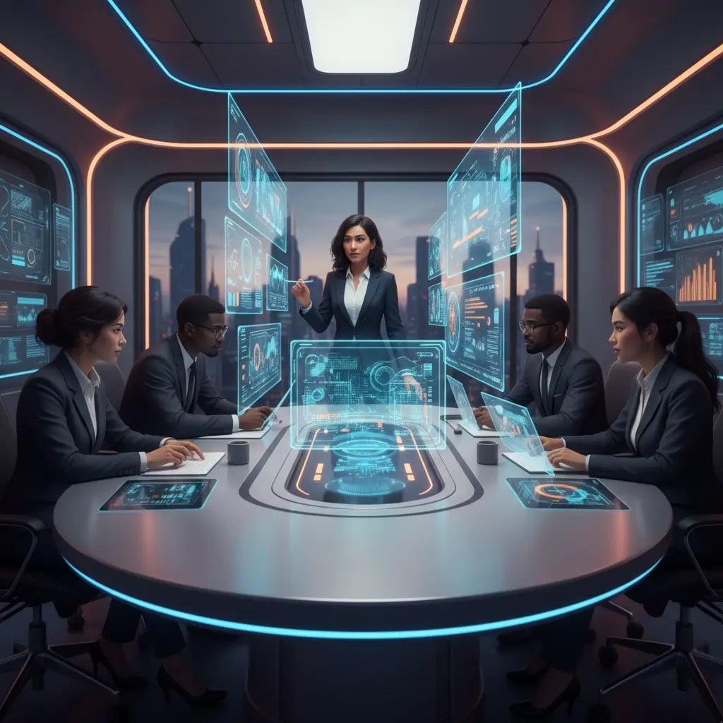 Futuristic holographic table in faith-based leadership context