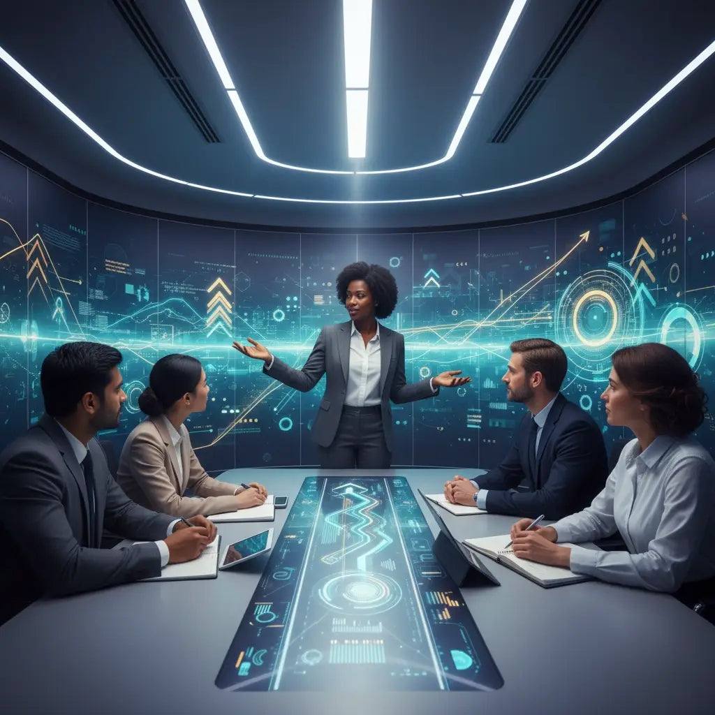 Holographic display table guiding Christian executive leadership by kingdom values