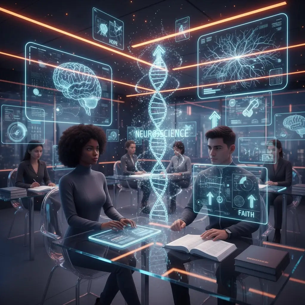 Holographic DNA model in blue and white, exploring Avodah Dynamics and spiritual disciplines in Tikvah