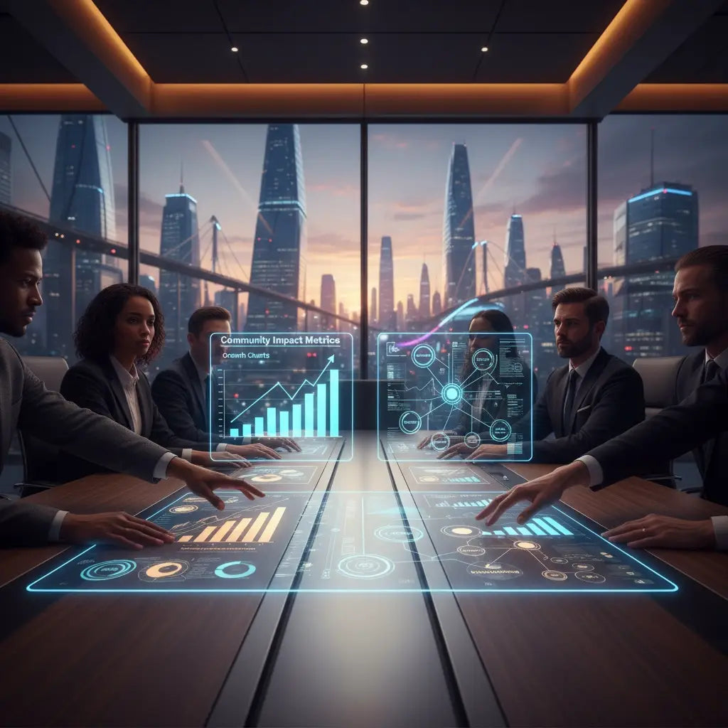 Holographic conference table aiding faith-driven leaders in integrity recession.