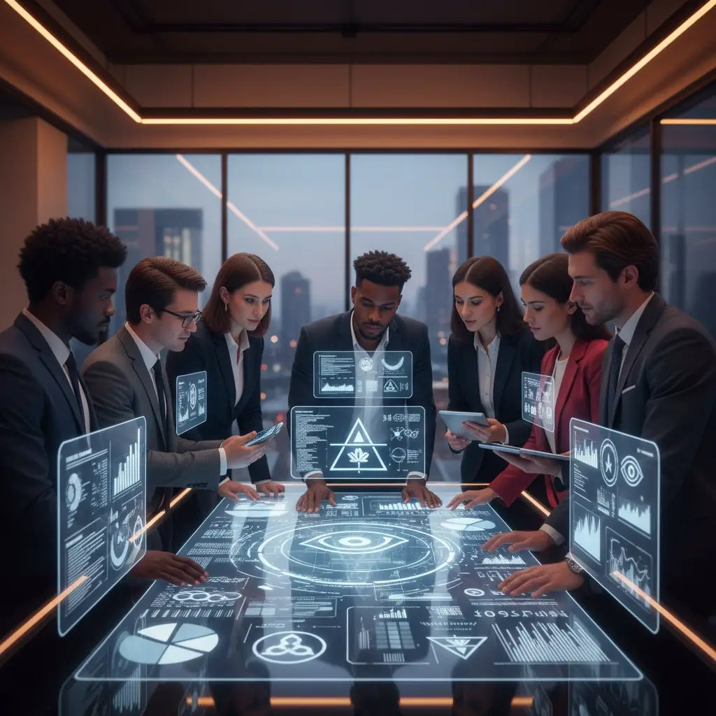 Futuristic holographic table for strategic reflection in business strategy