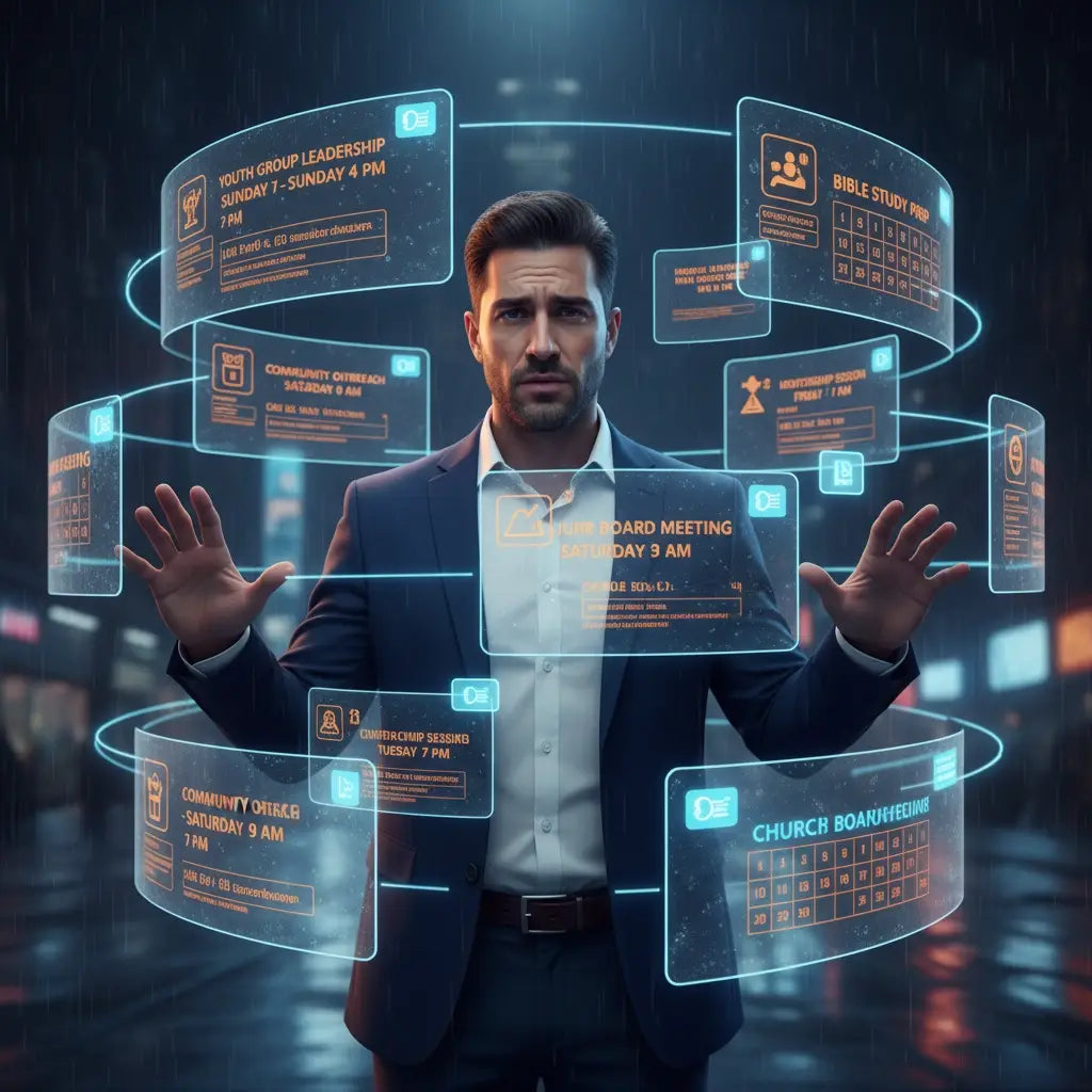 Holographic display screen showing red flag signs of overloading on spiritual activities and kingdom work