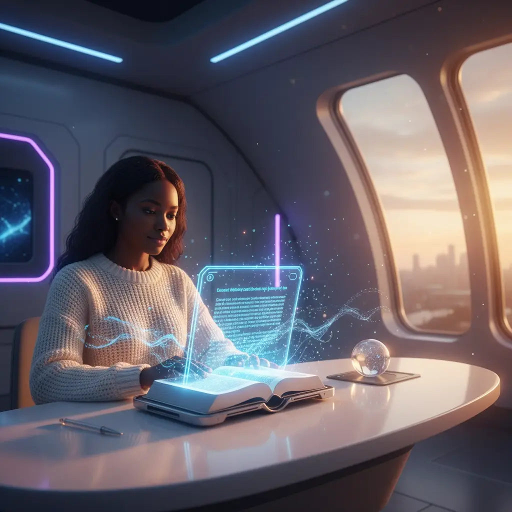 Holographic laptop with glowing blue screen amid spiritual activities overload