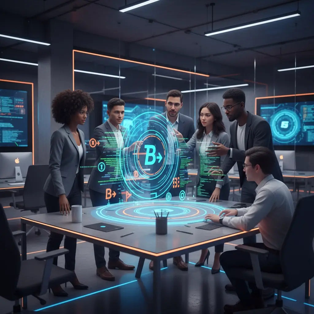 Futuristic holographic table with blue accents in beta mode testing