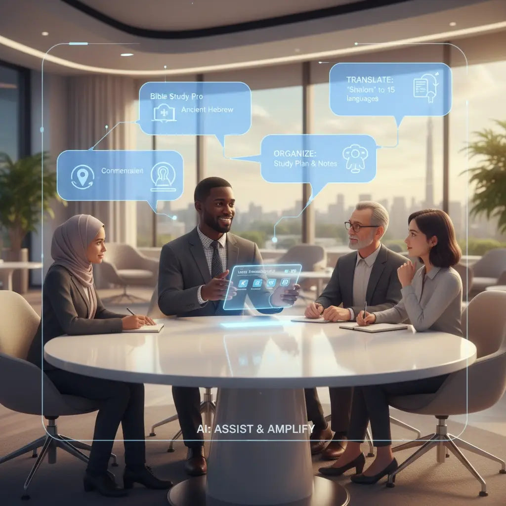 Futuristic holographic tablet in AI-driven real community for spiritual lives