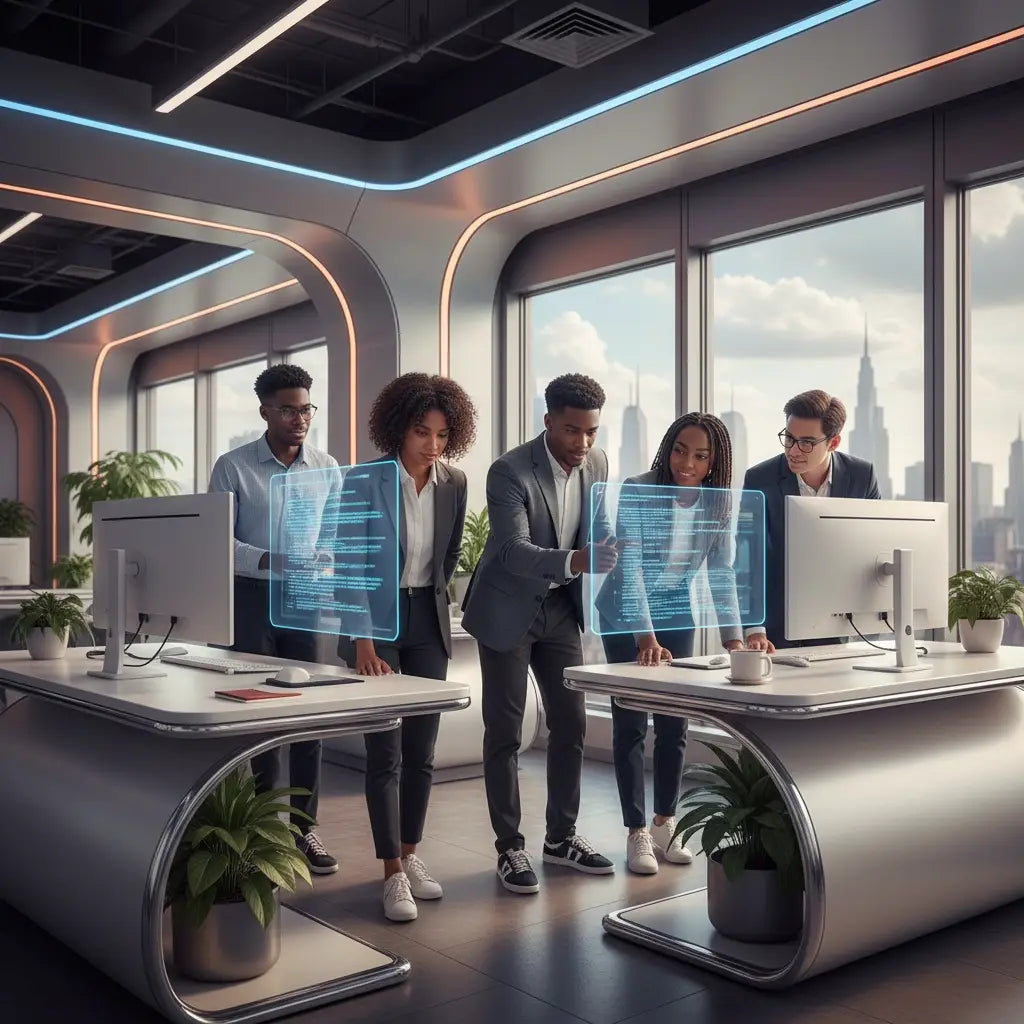 Futuristic holographic tablet for faith-filled professional relationships and career growth