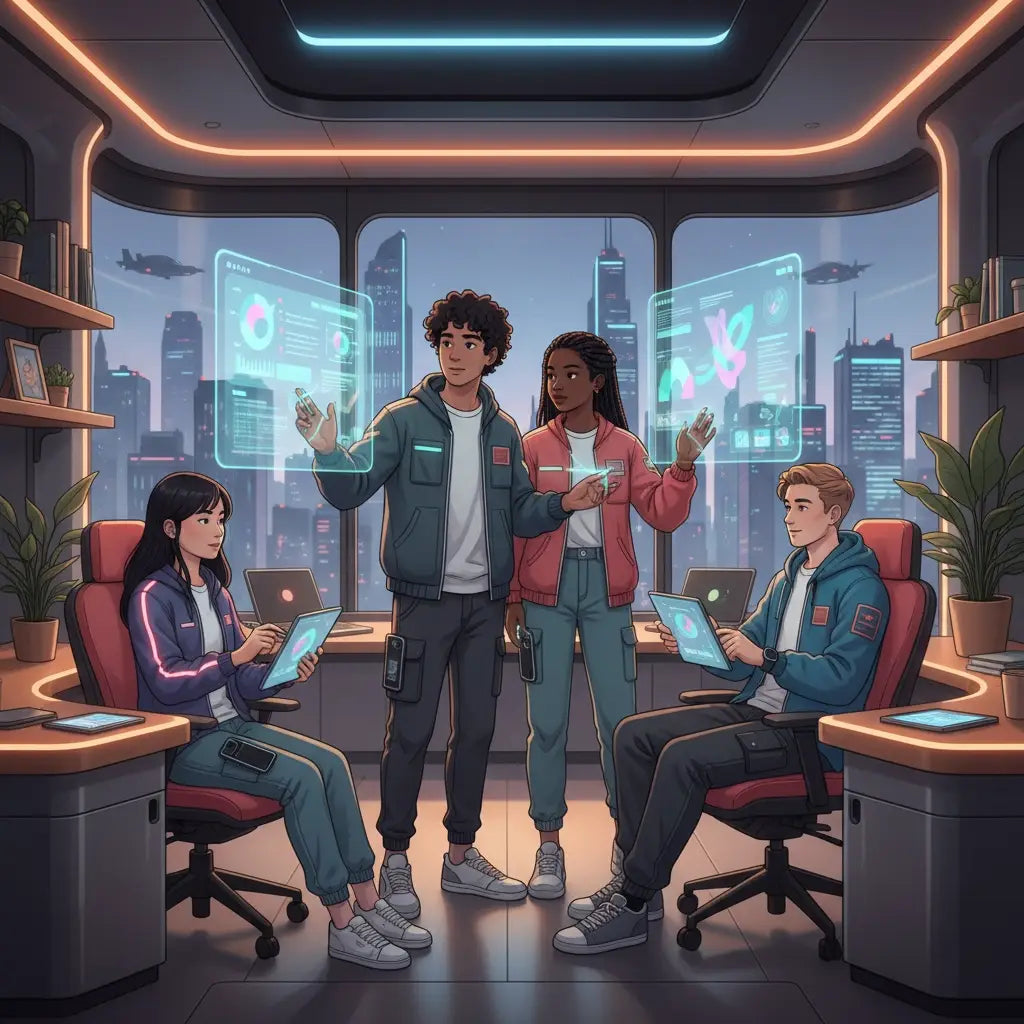 Gen Z leaders futuristic holographic tablet interface for Christian coaching