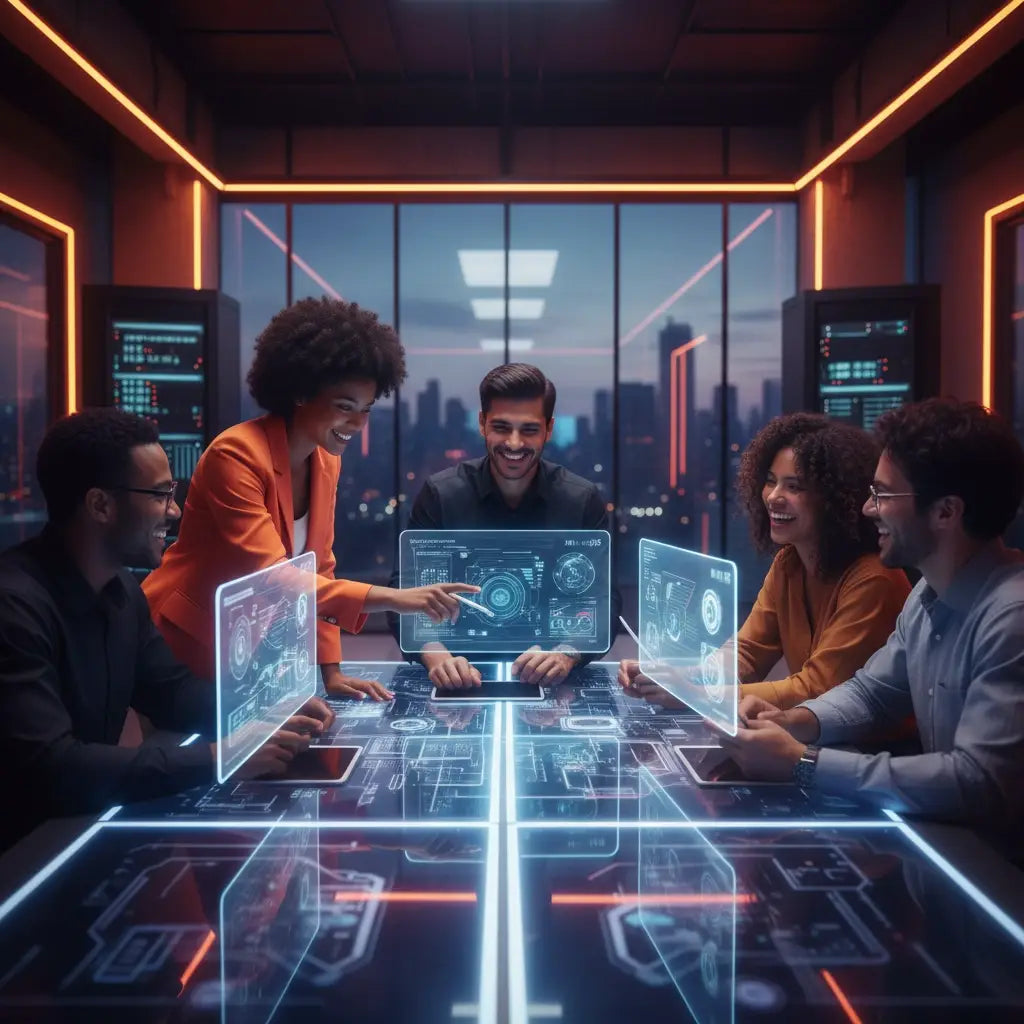 Futuristic holographic touchscreen table for faith-filled professional growth