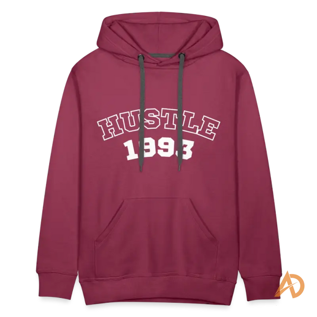 Burgundy hoodie featuring HUSTLE 1993, embodying hoodie vintage vibe and hustle culture