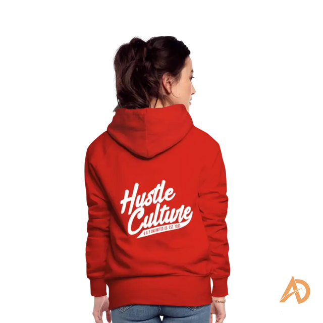 Red Hustle Girl Hoodie featuring empowering ’Hustle Culture’ text for the modern woman