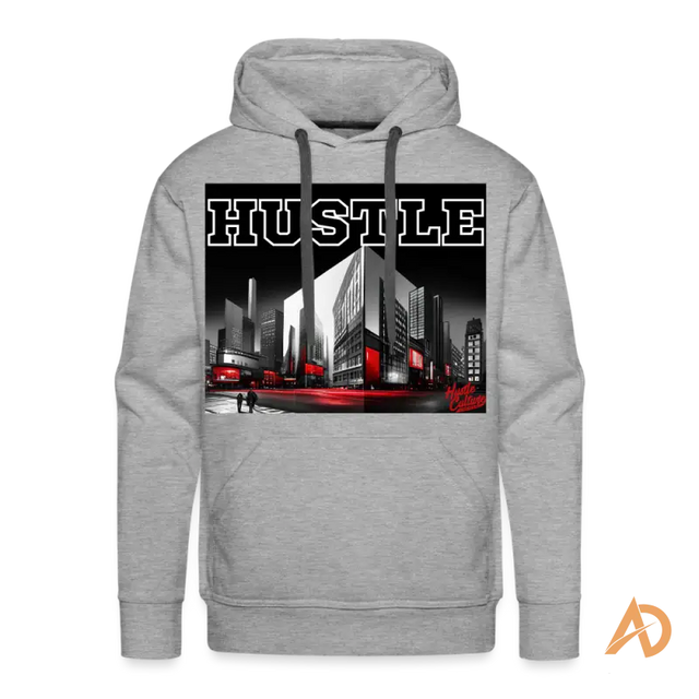 Grey Premium Hoodie featuring HUSTLE text and city skyline graphic with red accents