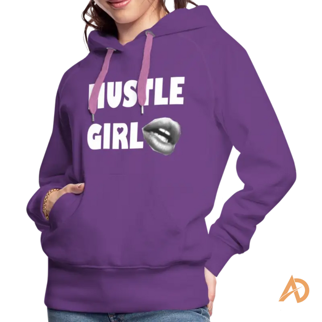 Purple Hustle Girl Hoodie featuring empowering text and lips graphic for the modern woman