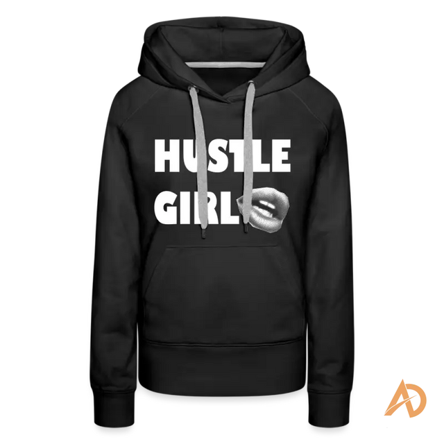 Black Hustle Girl Hoodie featuring white text, perfect for the empowering modern woman