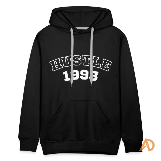 Black hoodie sweatshirt with HUSTLE 1993 text, embracing hustle culture and vintage vibe