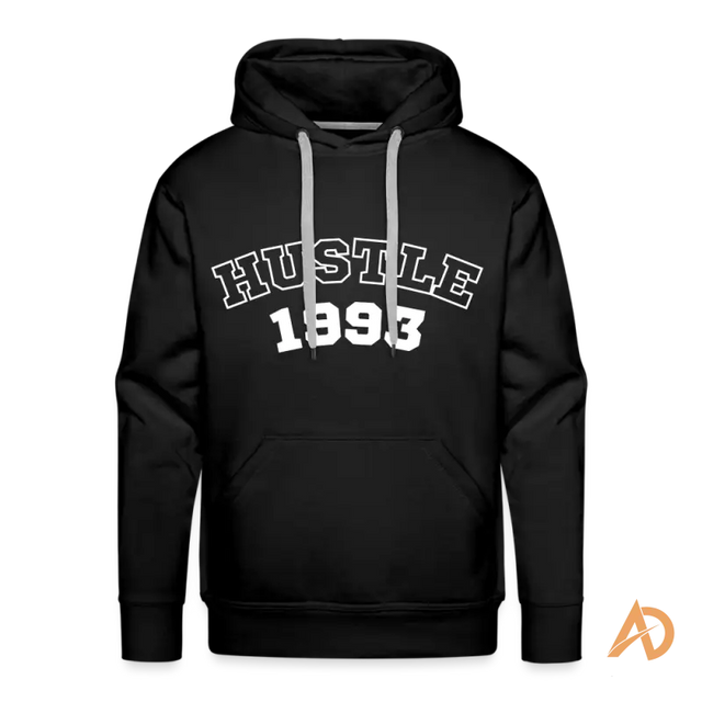 Black hoodie sweatshirt featuring HUSTLE 1993 text, embodying hustle culture and vintage vibe