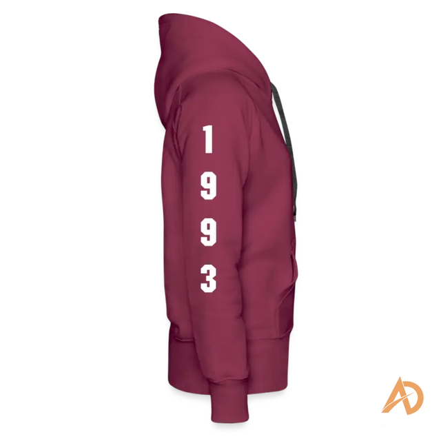 Burgundy Hustle Girl Hoodie with 1993 printed sleeve, perfect for modern women embracing hustle culture