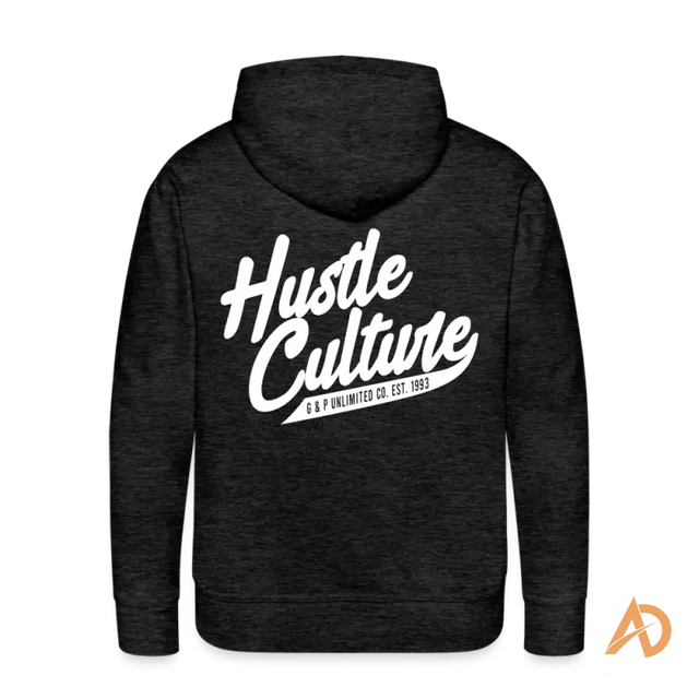 Black hoodie featuring Hustle Culture text in white script, embodying vintage vibe and timeless spirit