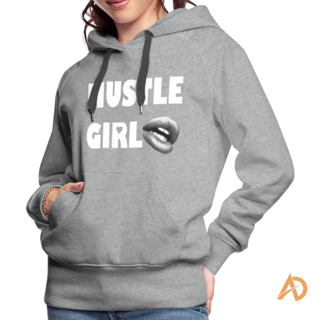 Grey Hustle Girl Hoodie featuring empowering text and lips graphic for modern women