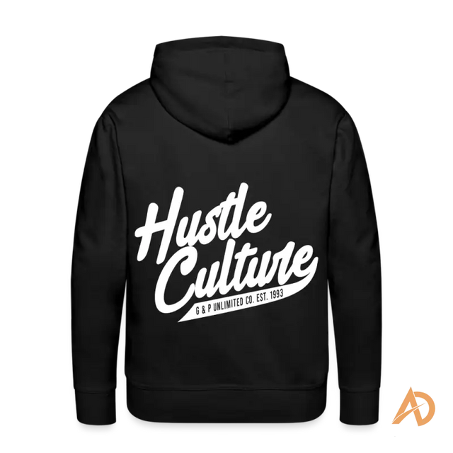 Black Hustle City Hoodie with white text, ideal for embracing urban style and ambition