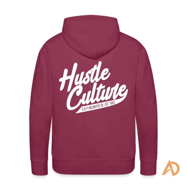 Burgundy hoodie featuring Hustle Culture text, embodying vintage vibe and timeless spirit