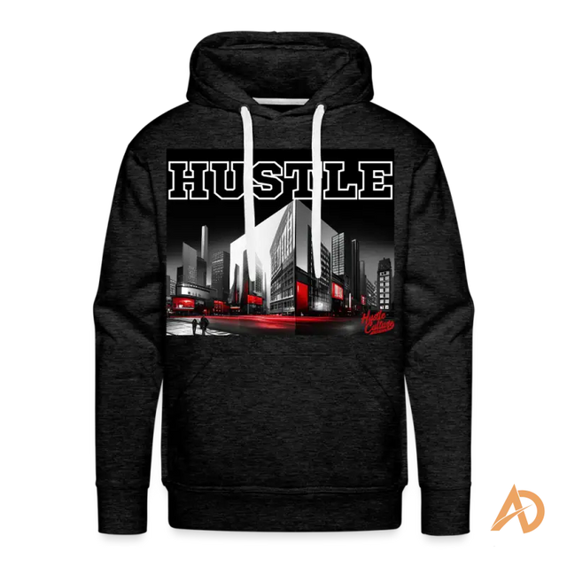 Black city hustle hoodie with HUSTLE text and skyline design, embracing urban style