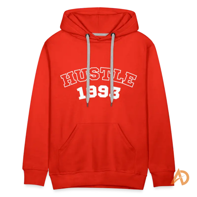 Red hoodie with HUSTLE 1993 print, embodying hustle culture and vintage vibe