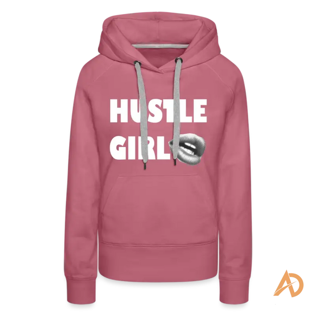 Pink Hustle Girl Hoodie featuring empowering text and a metallic lip design for modern women