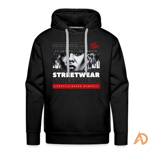 Black hoodie sweatshirt with streetwear graphic, perfect blend of Hustle Culture and style