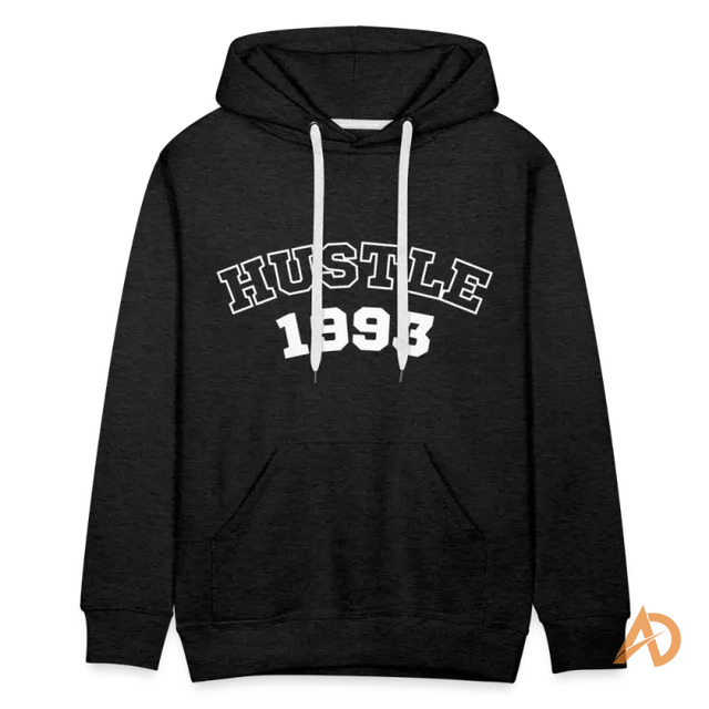 Black hoodie sweatshirt featuring Hustle 1998 text, embodying hustle culture and vintage vibe