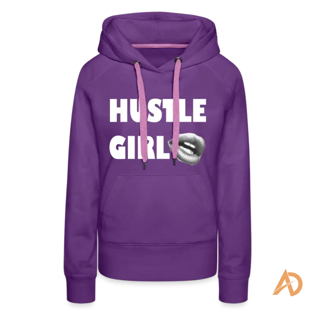 Purple Hustle Girl Hoodie featuring white text, perfect for the modern woman’s hustle culture