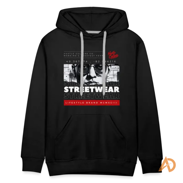 Black hoodie sweatshirt with STREETWEAR graphic, ideal for fearless ambition in hustle culture