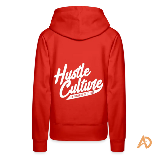 Red Hustle Girl Hoodie showcasing Hustle Culture text, perfect for the empowering modern woman