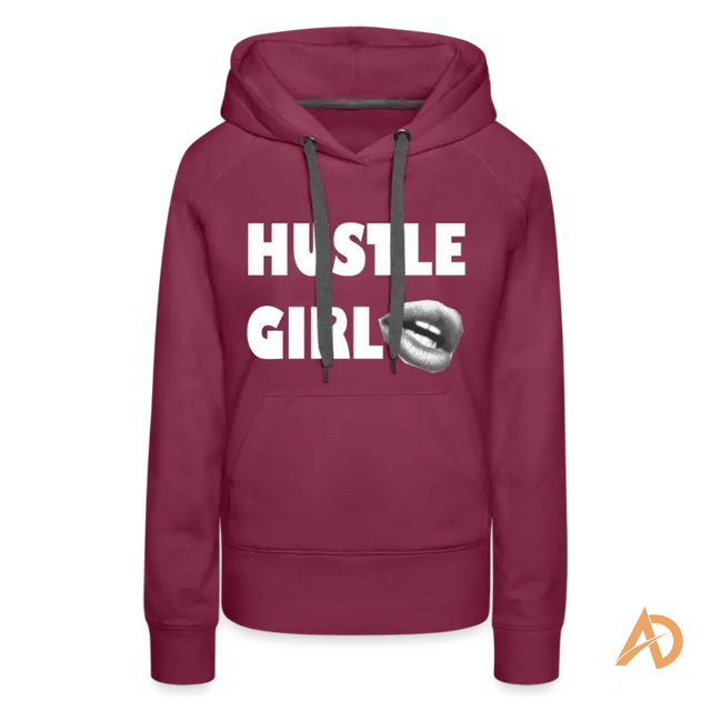 Burgundy Hustle Girl Hoodie featuring empowering text and metallic lip design for modern women