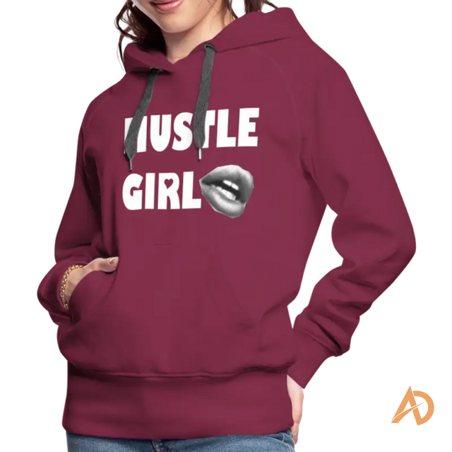 Burgundy Hustle Girl Hoodie featuring empowering text and lips graphic, perfect for modern women