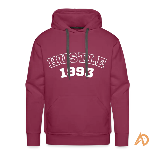 Burgundy hoodie sweatshirt featuring HUSTLE 199.3, embodying hustle culture and vintage vibe