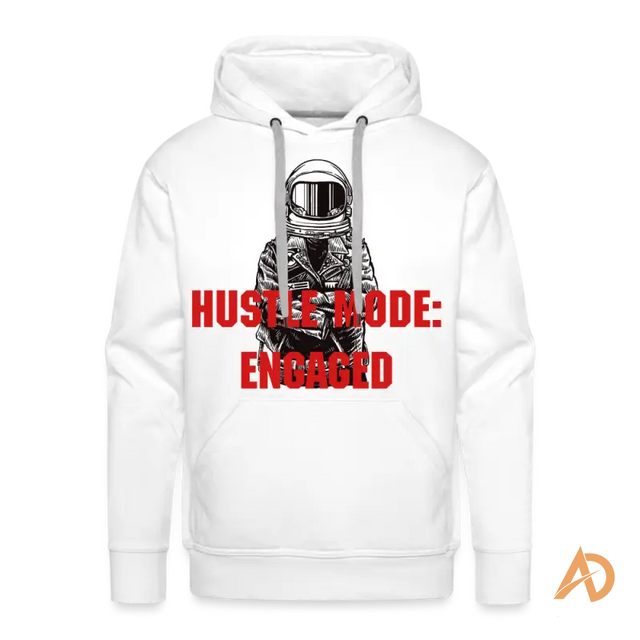 White Hustle Mode: Engaged Hoodie with astronaut design and red text for dreamers