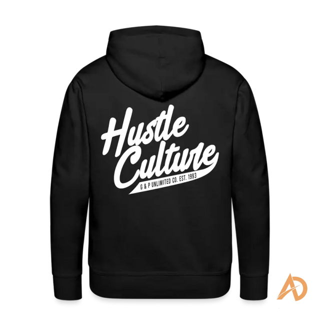 Black hoodie featuring Hustle Culture text, embodying vintage vibe and timeless spirit