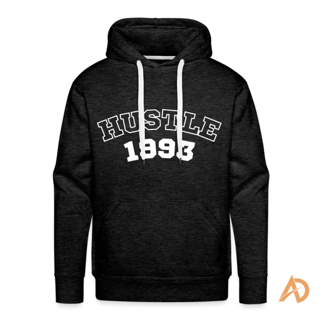 Black hoodie sweatshirt with HUSTLE 1993 text, embodying hoodie vintage vibe and hustle culture