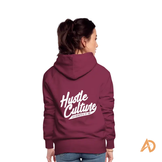 Burgundy Hustle Girl Hoodie featuring ’Hustle Culture’ text for the modern woman