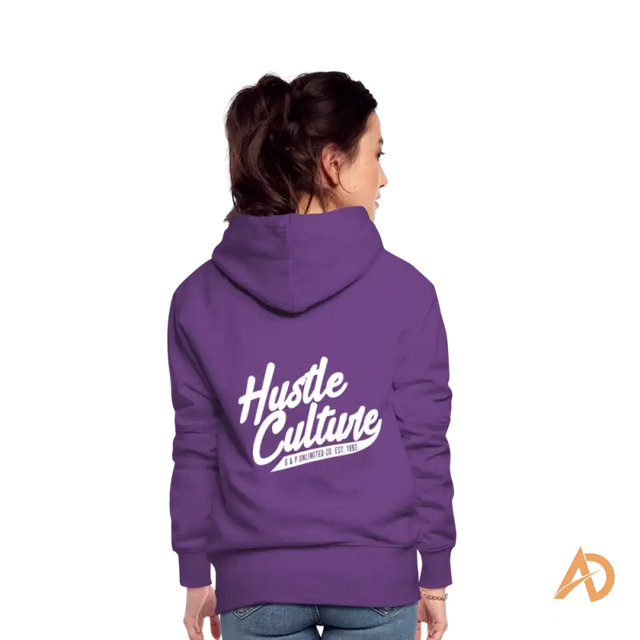 Purple Hustle Girl Hoodie sweatshirt featuring empowering ’Hustle Culture’ text on back