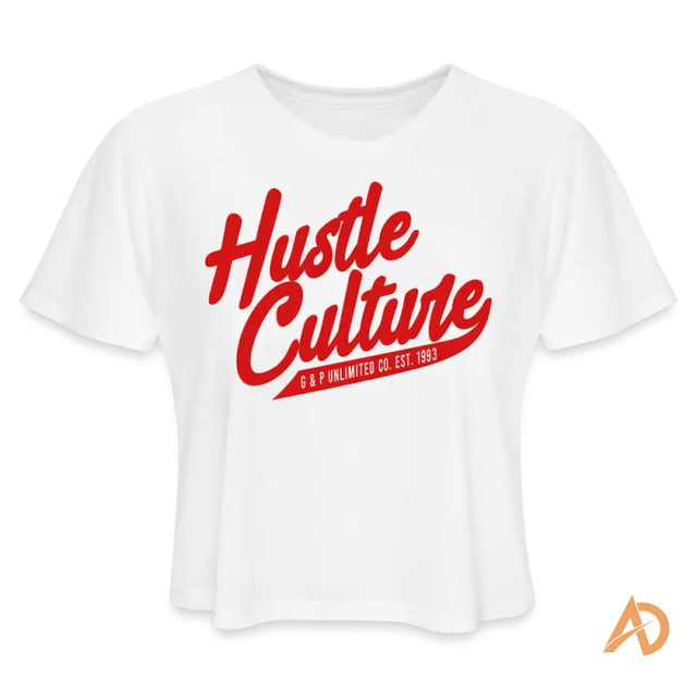 White flirty trendy crop top with red Hustle Culture text design for super comfy womens wear