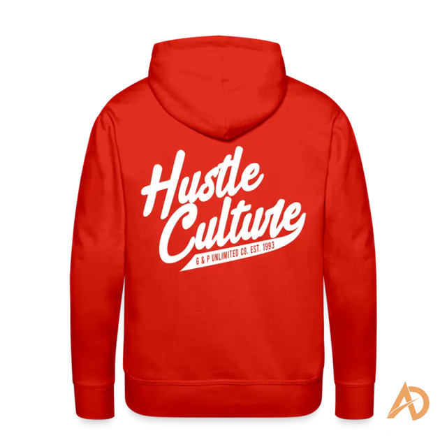 Red hoodie with Hustle Culture text in white, embodying vintage vibe and timeless spirit