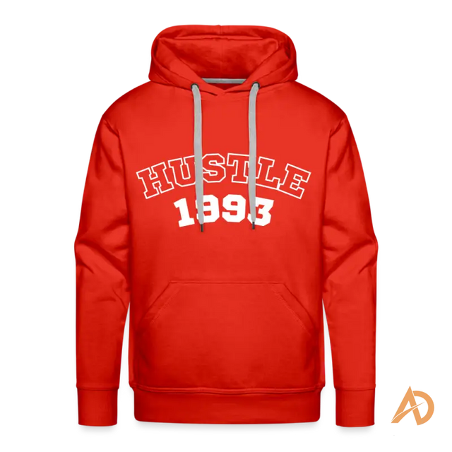 Red hoodie sweatshirt featuring HUSTLE 1993, embodying hoodie vintage vibe and hustle culture