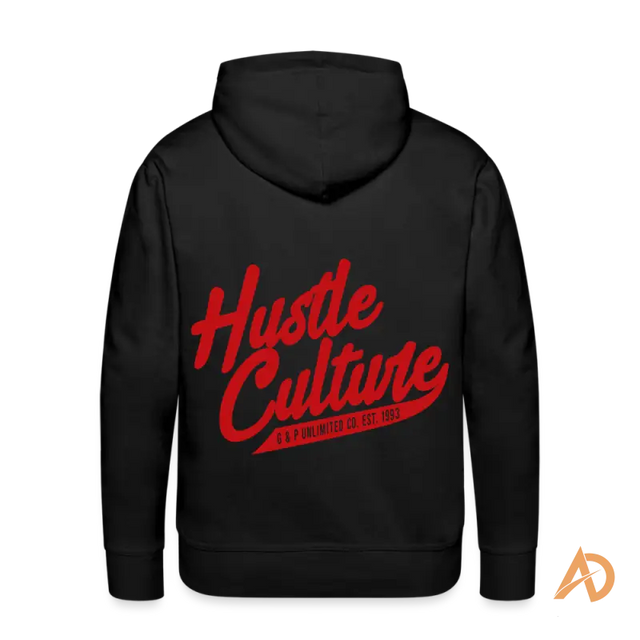 Black hoodie featuring red Hustle Culture text, ideal for premium Hustle Mode enthusiasts